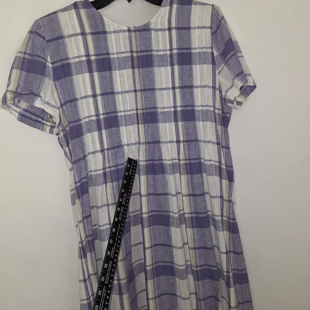 Vintage 90s Periwinkle White Plaid Linen Blend Dress 12 VTG Midi Cottagecore - Picture 6 of 16